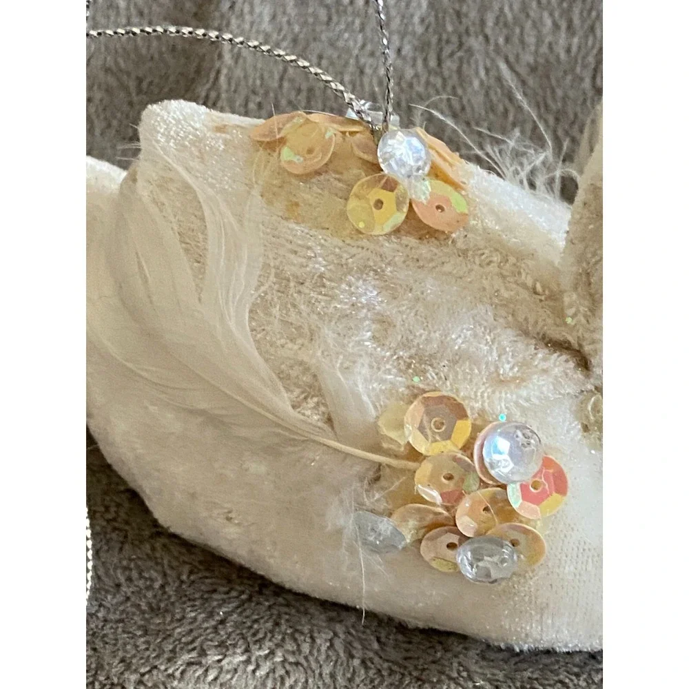 Vtg KATHERINE'S COLLECTION ~Pair of Velvet Feather Sequin Glitter Swan Ornaments